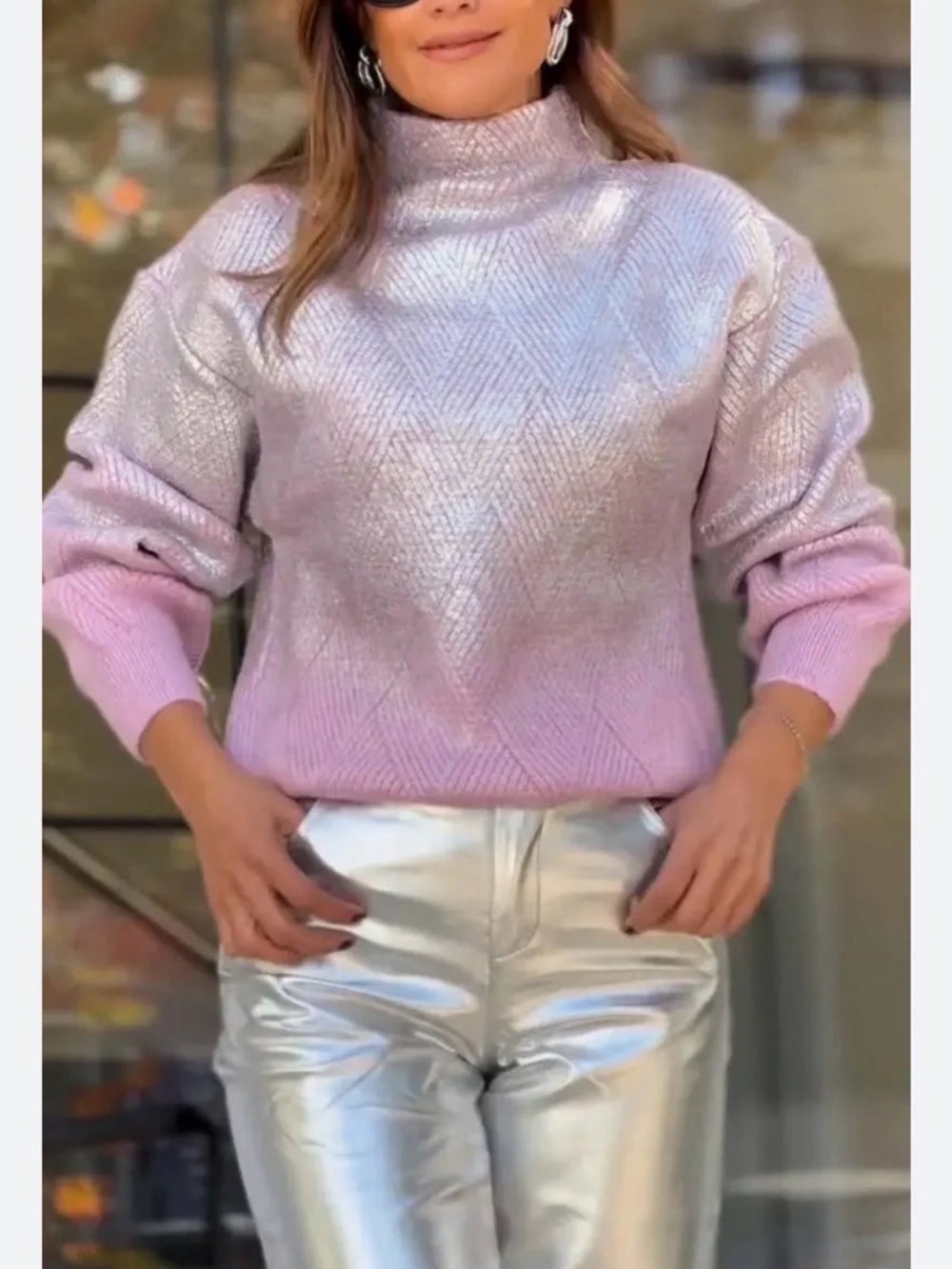 Shimmery Pink Turtleneck Sweater with Metallic Finish
